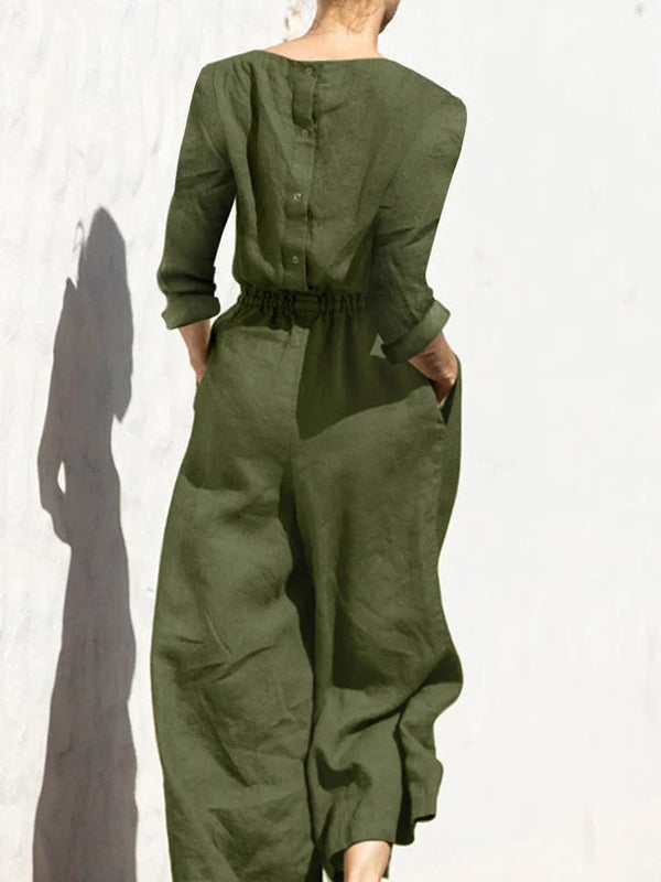 Round Neck Cotton And Linen Solid Color Long-Sleeved Jumpsuit