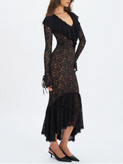 Sexy Long Sleeve Low-Cut Lace Stitching Dress