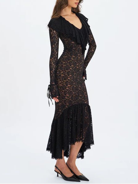 Sexy Long Sleeve Low-Cut Lace Stitching Dress