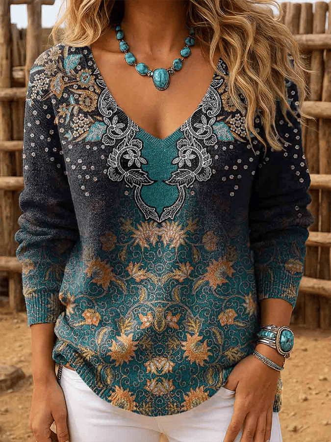 Women's Western Retro Pattern Print Long Sleeve Top