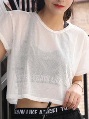 Loose Hollow Mesh Solid Color Round-Neck T-Shirts