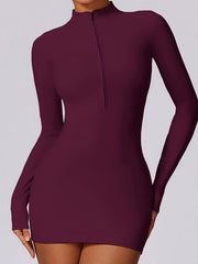 Long Sleeves Skinny Solid Color Zipper Round-Neck Mini Dresses