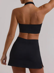 Wrap Backless Solid Color Split-Side Halter-Neck Sports Bra&Skirts Suits