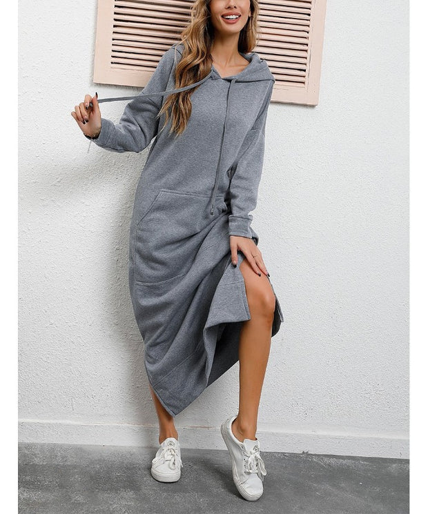 Autumn Winter New Loose Velvet Casual Fashion Big Pocket Knitted Hooded Maxi Dress