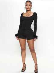 Long Sleeves Wrap Backless Raw Edge Solid Color Square-Neck Rompers