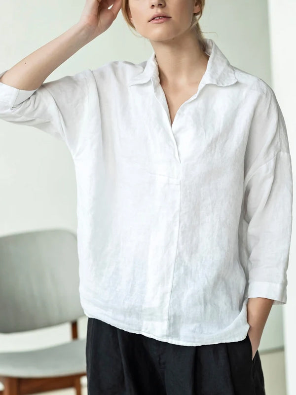 Lapel Cotton And Linen Solid Color Top