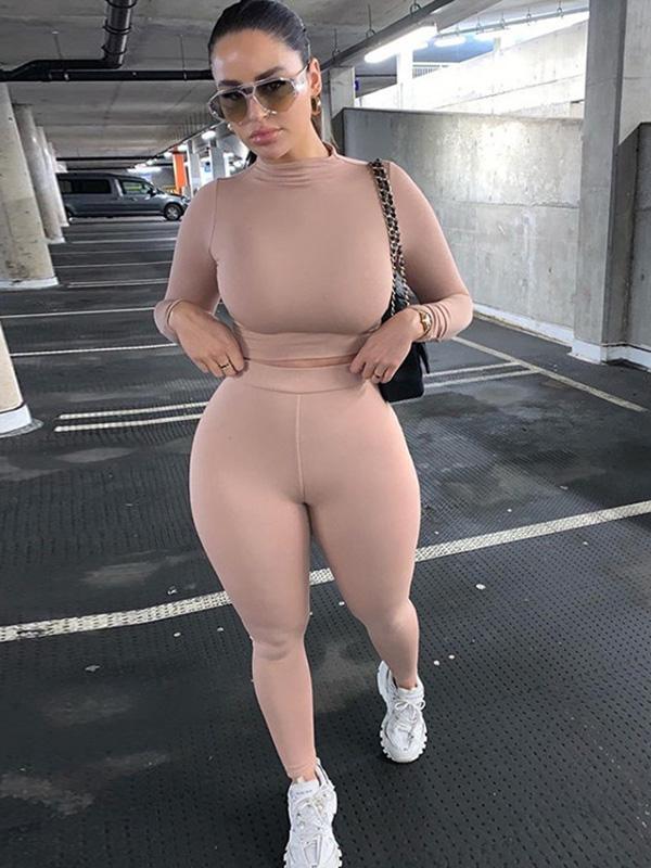 Sexy Long Sleeves Solid Tees&Leggings Suits