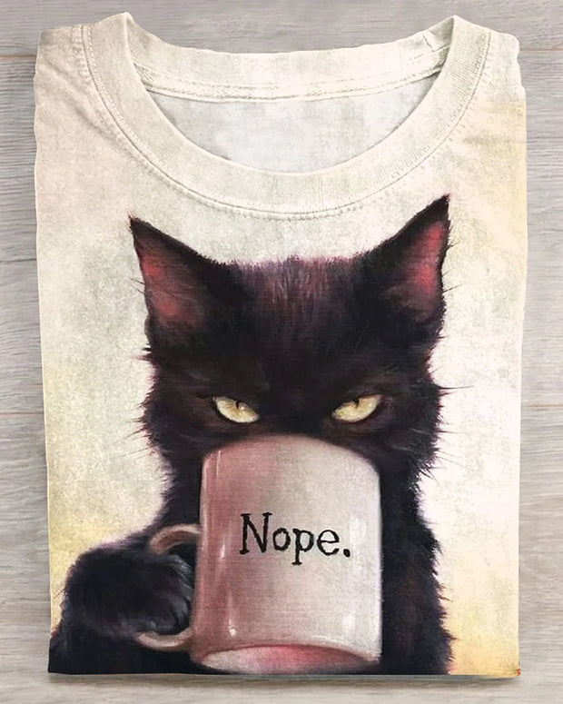 Cute Cat Nope Printed Short-Sleeved Crew Neck T-Shirt