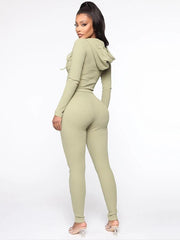 Wrap Solid Color Zipper Hooded Sweatshirt&Leggings Suits