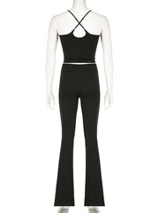 Skinny Back Cross Hollow Solid Color Spaghetti-Neck Tank&Pants Suits