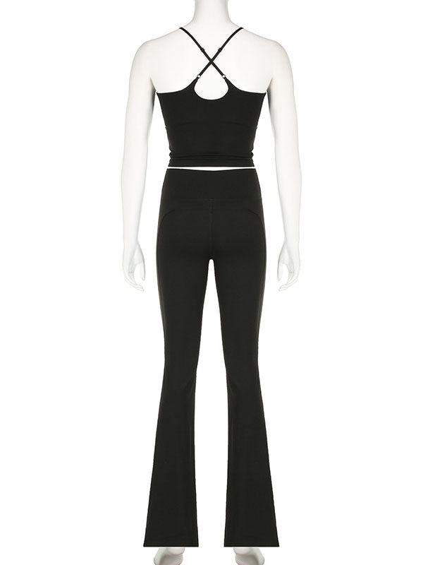 Skinny Back Cross Hollow Solid Color Spaghetti-Neck Tank&Pants Suits