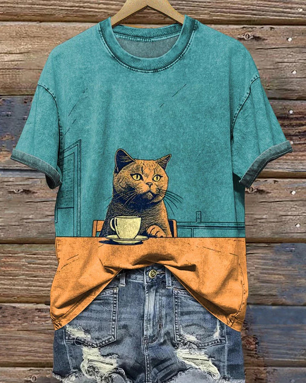 Color Contrast Cartoon Cat Coffee Print Short-Sleeved Round Neck T-Shirt