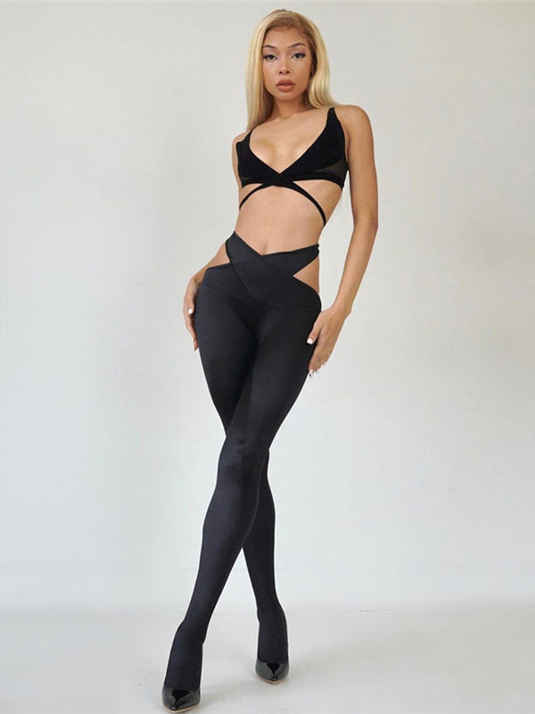 Skinny Wrap Hollow Bra&Leggings Solid Color Split-Joint Deep V-Neck Suits