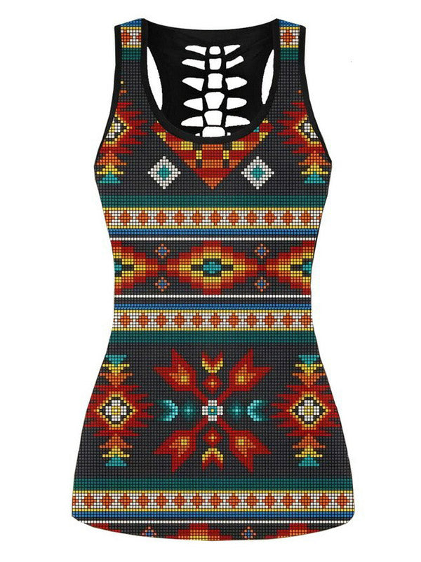 Geometric Printed Breathable Hollowed Vest&Leggings Sports Suits