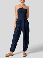 Loose Sleeveless Pleated Pockets Solid Color Tube Jumpsuits