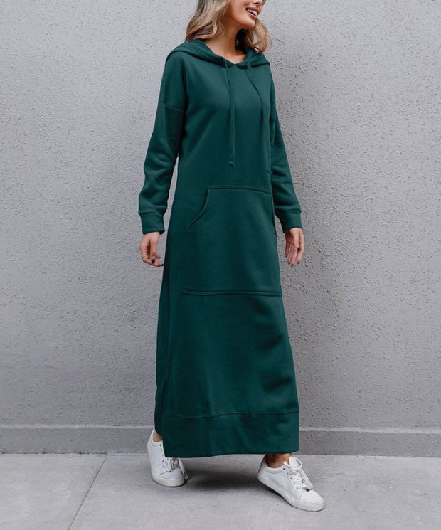 Autumn Winter New Loose Velvet Casual Fashion Big Pocket Knitted Hooded Maxi Dress