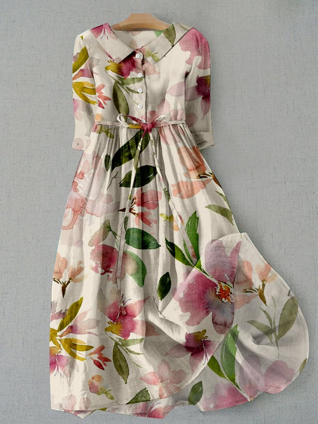 Women's Vintage Botanical Floral Print Lace-Up Pocket Dress