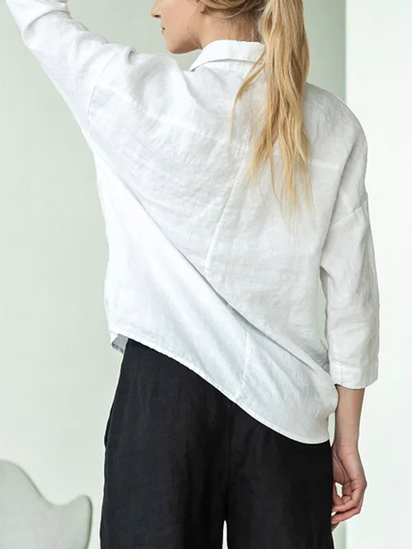 Lapel Cotton And Linen Solid Color Top