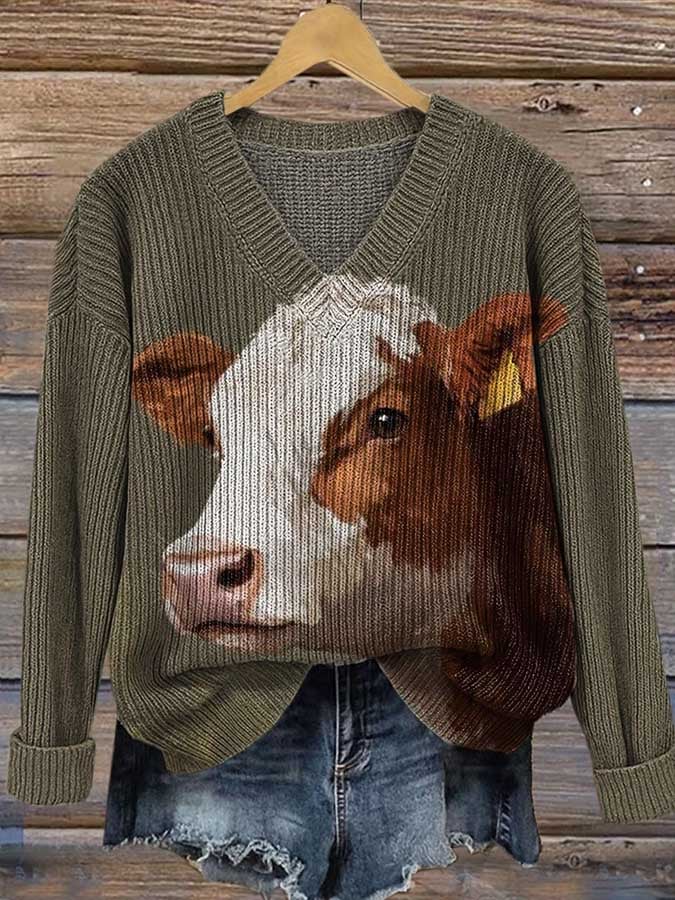 Women's Cow Art Print Casual V-Neck Pullover Sweater