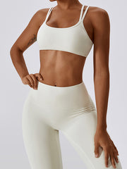 Wrap Back Cross Hollow Solid Color Spaghetti-Neck Sports Bra