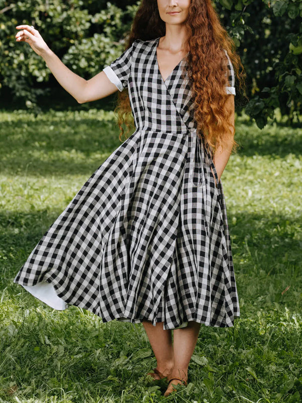 V-Neck Plaid Dress