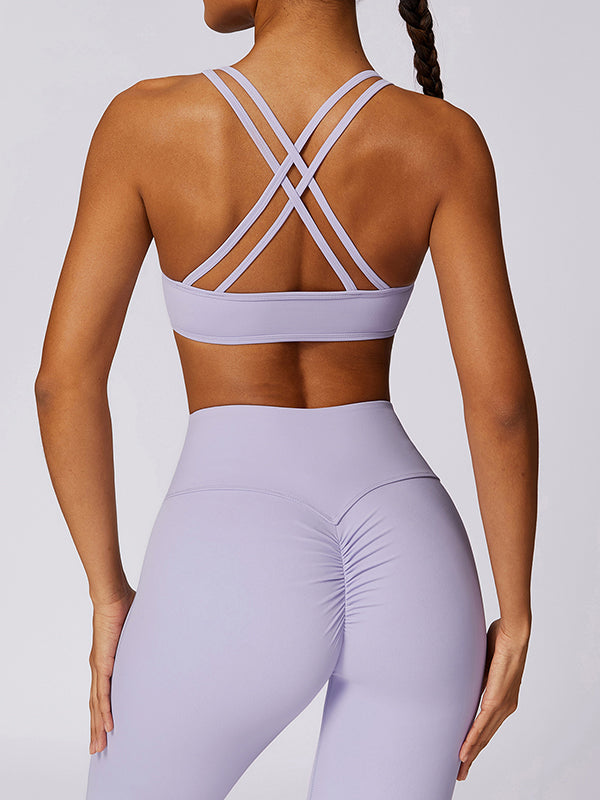 Wrap Back Cross Hollow Solid Color Spaghetti-Neck Sports Bra