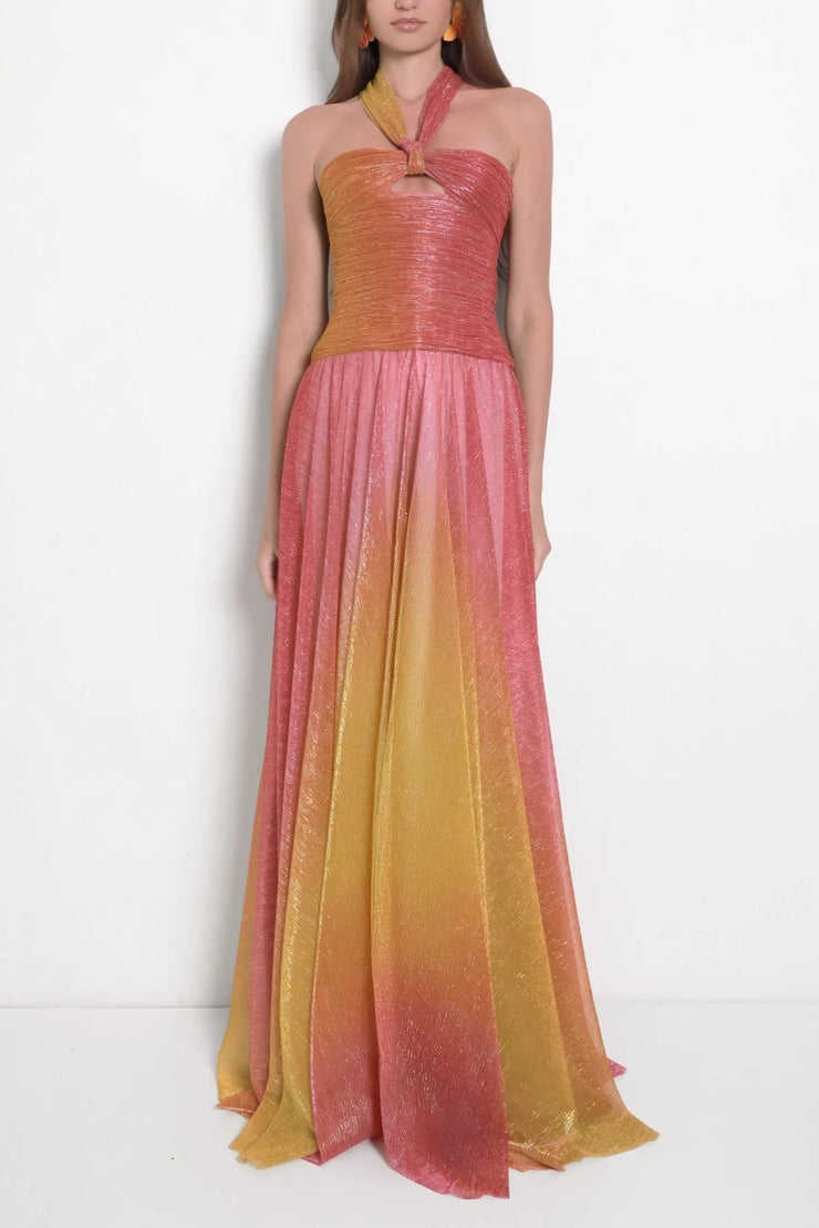 Sexy Halter Wrapped Chest Ribbon Gradient Color Dress