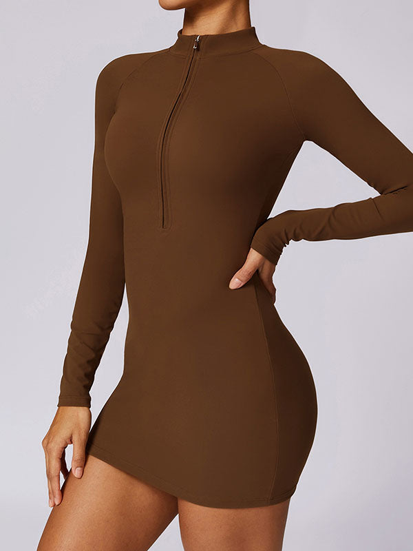 Long Sleeves Skinny Solid Color Zipper Round-Neck Mini Dresses