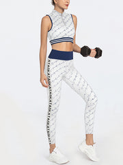 Sleeveless Color-Block Letter Print Zipper Bra&Leggings Sports Suits