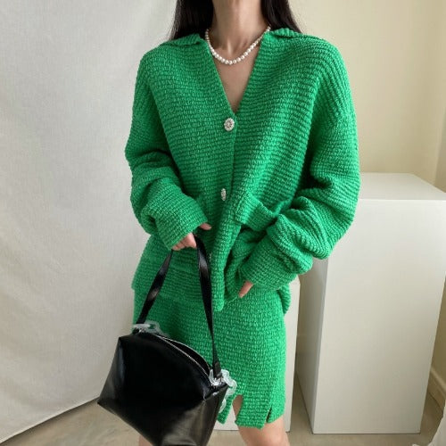 Temperament V-Neck Single-Breasted Sweater Knit Set