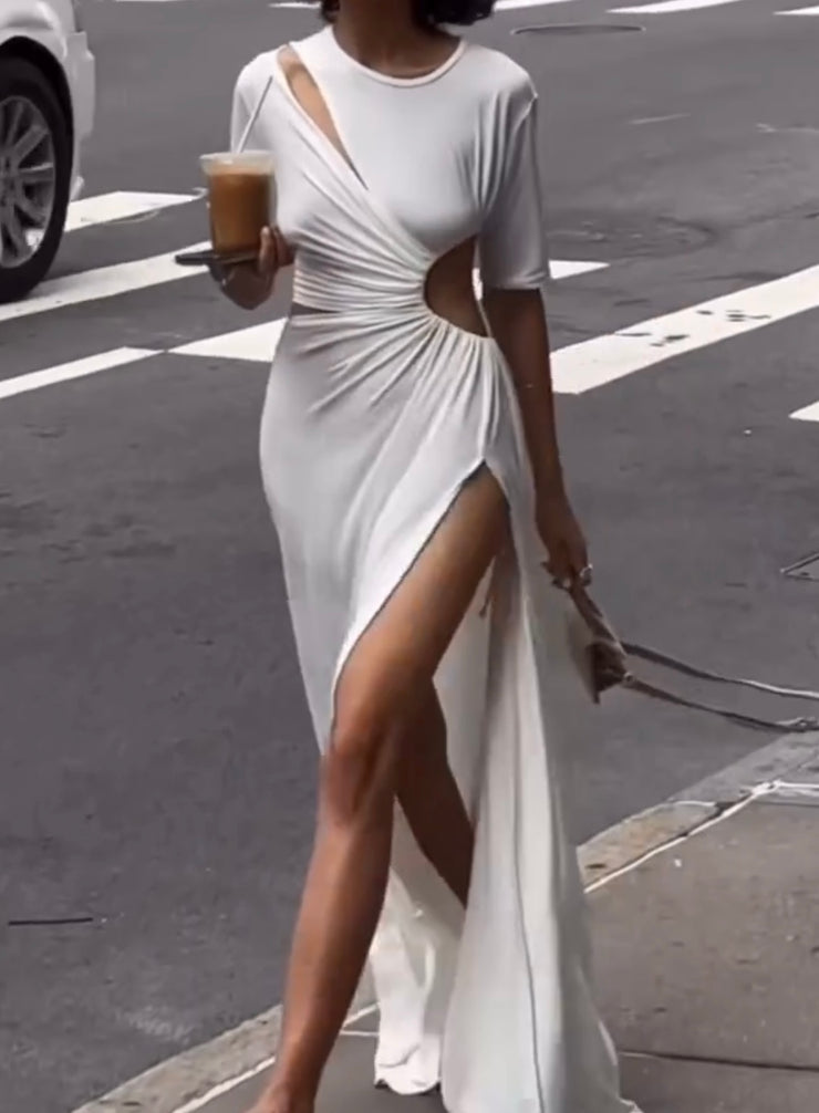 Short Sleeve Irregular Shoulder Slit Dress