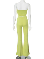 Cropped Flared Drawstring Embroidered Solid Color Tank&Pants Suits