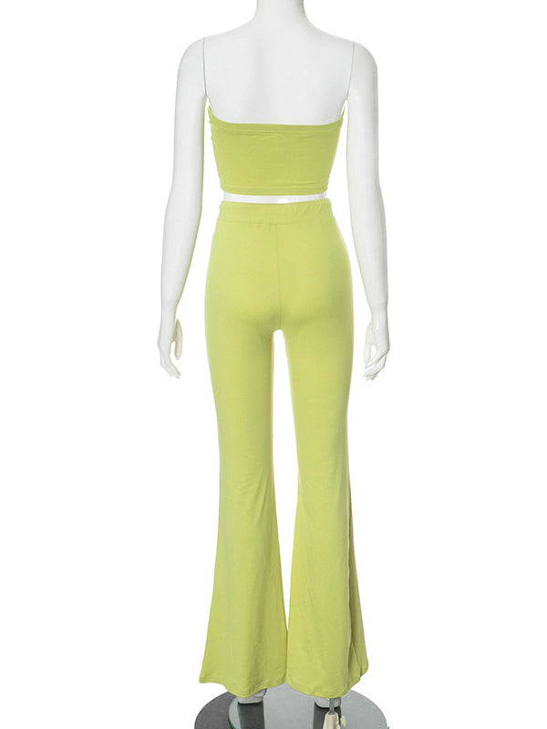 Cropped Flared Drawstring Embroidered Solid Color Tank&Pants Suits