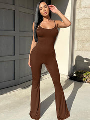 Skinny Wrap Solid Color Spaghetti-Neck Jumpsuits