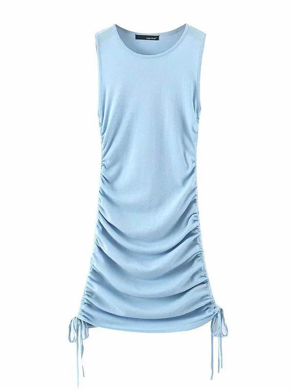 Wrap Sleeveless Drawstring Solid Color Mini Dresses