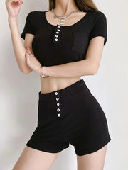 U-Neck Short Sleeve Top High-Waisted Shorts Button Casual Suit