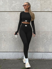 Long Sleeves Skinny High-Waisted Yoga Tops&Leggings Letter Print Solid Color Round-Neck Suits