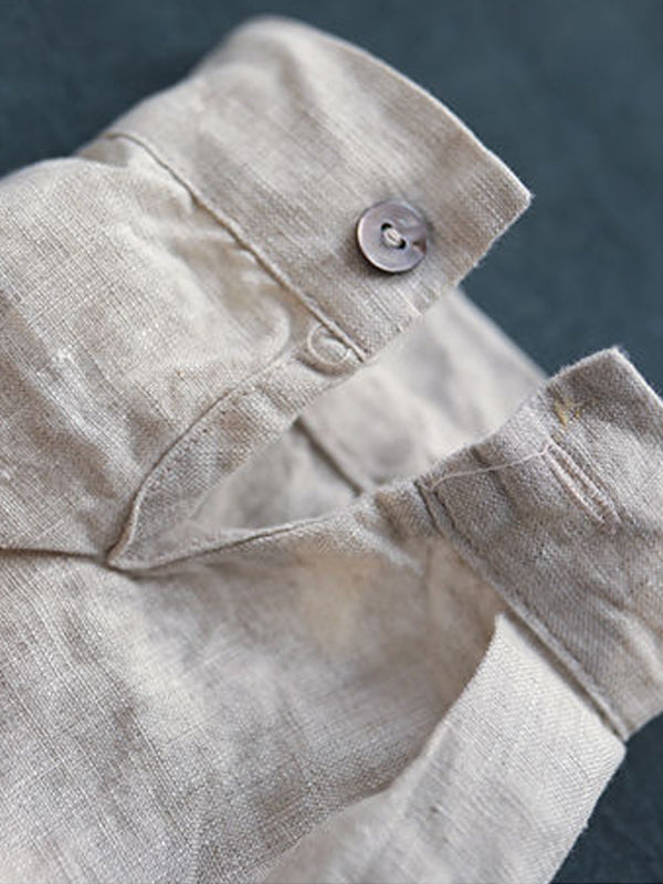 Round Neck Cotton And Linen Solid Color Top