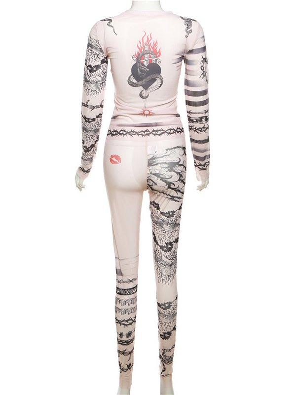 Long Sleeves Skinny Contrast Color Printed Round-Neck T-Shirts&Leggings Suits