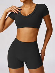 Long Sleeves Wrap Solid Color V-Neck Yoga Tops