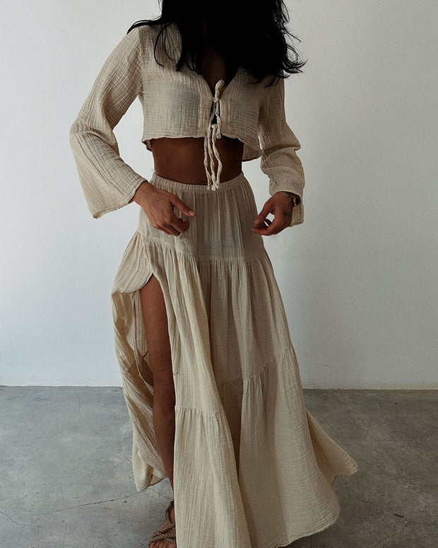 Fashionable lace-up slit cotton and linen two-piece set