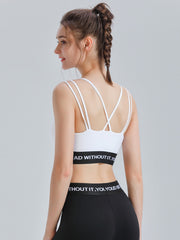 Wrap Back Cross Hollow Letter Print U-Neck Sports Bra