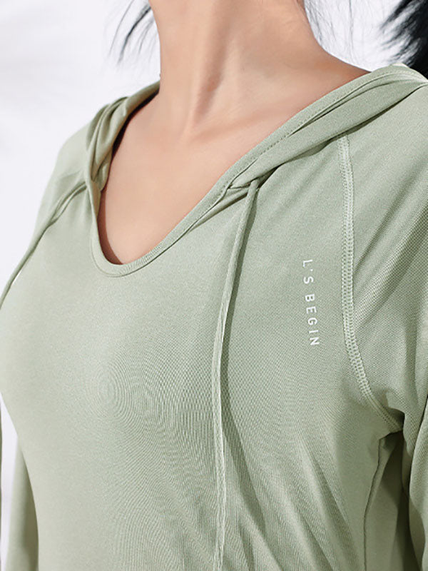 Long Sleeves Loose Yoga Tops Hooded Solid Color V-Neck Tee