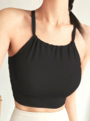 Sleeveless Wrap Back Cross Ruffled Spaghetti-Neck Sports Bra