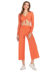 Solid Drawstring Long Sleeves Wide Leg Yoga Suits