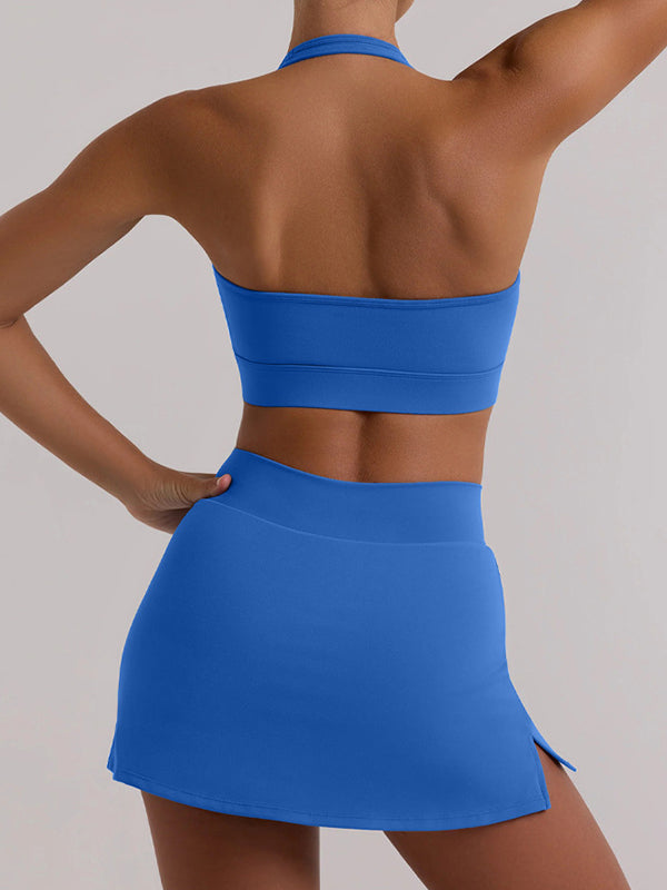 Wrap Backless Solid Color Split-Side Halter-Neck Sports Bra&Skirts Suits