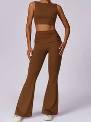 Skinny Sleeveless Backless Pleated Solid Color Round-Neck Tank&Pants Suits