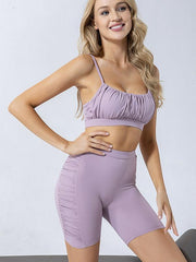 Solid Color Ruffled Spaghetti-Neck Bra&Shorts Yoga Suits