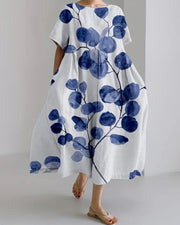 Floral Print Loose Short Sleeve Cotton Linen Dress