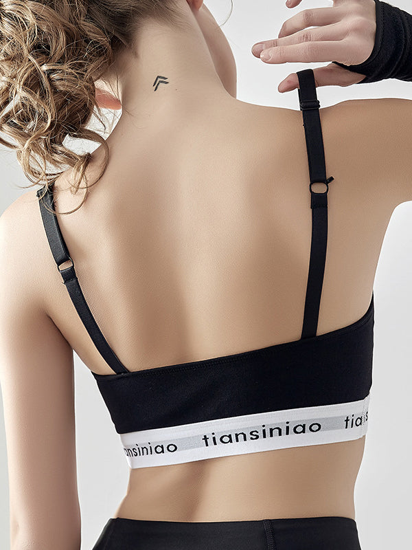 Back Cross Letter Print Wrap Solid Color Spaghetti-Neck Sports Bra